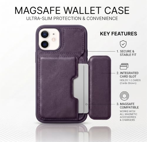 Image of amazon basics Luxury Vegan Leather Back Cover for iPhone 12 | Built-in Card Holder Slot | Integrated Mobile Stand | Slim Shockproof Protective Case with Stitched Finish - Purple