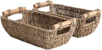 StorageWorks Small Wicker Baskets, Handwoven Baskets for Storage, Seagrass Rattan Baskets with Wooden Handles, 2-Pack