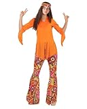 Funidelia Disfraz de Hippie feliz para mujer, Incluye pantalón, camiseta y cinta para el pelo, Años 60 - Traje para adultos para fiestas, Carnaval y Halloween - Talla M