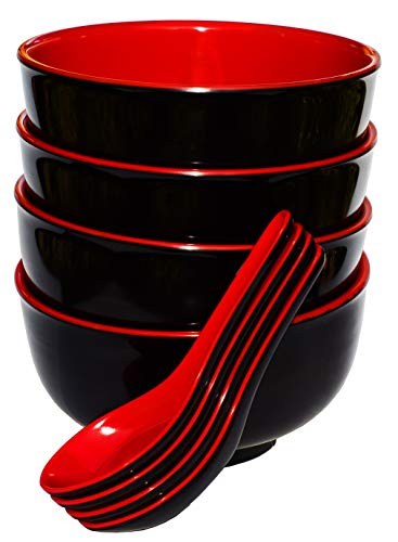 Calvin & Co Set Of 4 Melamine Miso Soup Cereal Bowls And Spoons 5 Inches (Small, Red & Black) 11 Fluid Ounces #TOP1