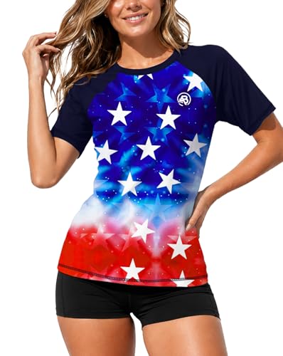 Image of AOBUTE Women Short Sleeve Rash Guard Gradient Sun Protection Swim Shirts