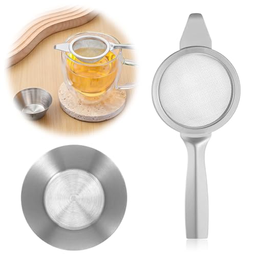 DOPENSPI Sitko do matcha z filiżanką ze stali nierdzewnej, 6 cm Mini sitko domowe Drobnomeszkowate sitka do matcha Sitko kuchenne z wzmocnionym uchwytem do odcedzania kawy, odsączania (srebrny)