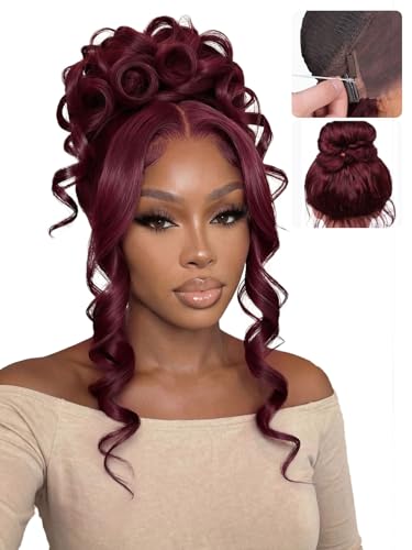 Roulysia 18 Inch Black Cherry Hidden Strap Body Wave 360 Lace Front Wigs Human Hair 200% Density Pre Bleached Dark Burgundy Wig Pre Cut Wear Go Glueless Wig Pre Plucked Natural Hairline
