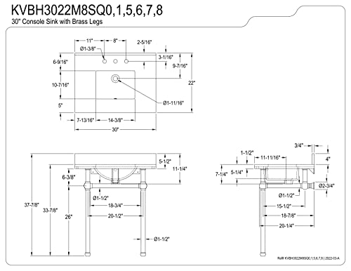 Kingston Brass Kvbh3022M8Sq7 Addington 30" Console Sink Legs (8-Inch, 3 Hole), Marble White/Brushed Brass #TOP1
