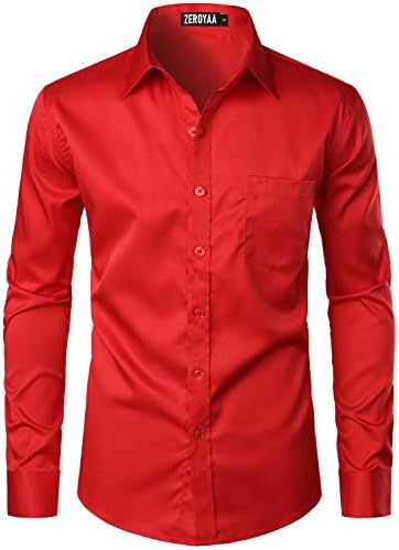 ZEROYAA Men's Urban Stylish Casual Business Slim Fit Long Sleeve Button Up Dress Shirt with Pocket ZLCL29 Red Small