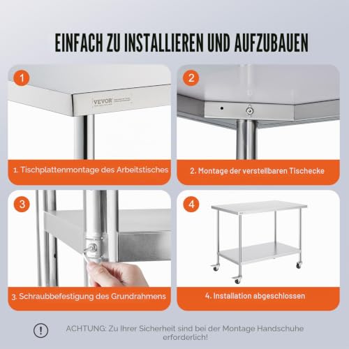 VEVOR Edelstahl Arbeitstisch Küche, Zubereitungstisch mit 4 Rädern, Arbeitstisch zur Lebensmittelzubereitung für gewerbliche Küchen und Restaurants, 76x122x95cm
