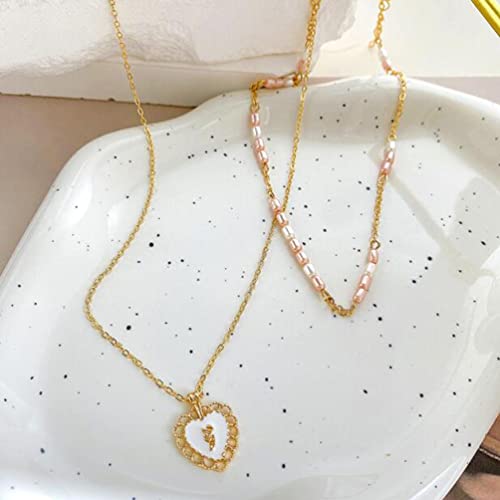 Simple Double Layer Love Rice Bead Necklace Double Layer Overlay Pearl Necklace Fashion Love Flower Pendant Collar Chain #TOP5