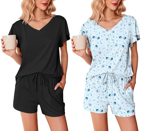 Ekouaer 2 Pack Women's Pajamas Set Soft Ruffle Sleeve Pjs Set Casual V Neck Lounge Set with Pockets