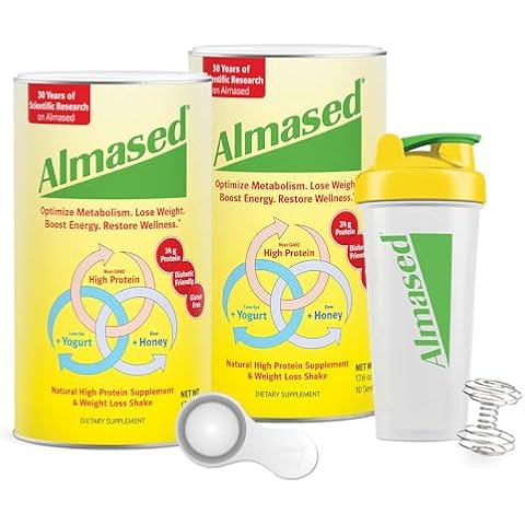 Almased Protein Powder for Weight Loss Kit for Men & Women, Natural Meal Replacement Shake for Weight Loss, Supplement, 24 Grams of Protein Per Serving (Original Flavor, 2 Cans @ 17.6 oz ea + Shaker Bottle + Scoop) Cover