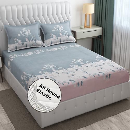 Image of FRESH FROM LOOM King Size Floral Print Microfiber Fitted Bedsheet Set - 240 TC, Anti Fade, Includes 2 Pillow Cover (Size - 78 x 72 Inches (Fits up to 10 Inch)| Grey, Walnut)