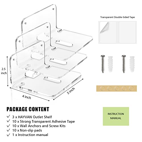 Hayvan Clear Universal Outlet Shelf Set Of 3 - Modern 5" Tiny Electric Toothbrush Holder Wall Mounted Easy To Install - Space Saving For Smart Home Speakers In Bathroom/Kitchen/Bedroom #TOP5