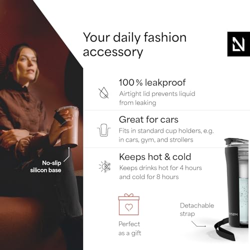 Image of LARS NYSOM Thermo Coffee Mug to go with Strap 17oz | Travel Mug 0.5 Liter with Insulation | Leak Proof Stainless Steel Thermal Tumbler for Coffee and Tea to Go (Carbon Black, 17oz)
