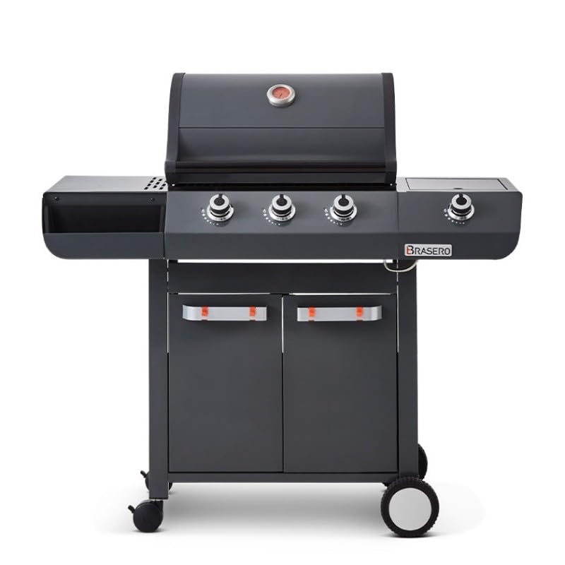 BRASERO - Barbecue Emma Gun Metal 3 Feux + 1 Side - FlexiGrill - Jusqu'à 10 convives - Surface de cuisson 57 x 41,5 cm - 2 Tablettes dont 1 brûleur latéral - Housse de protection