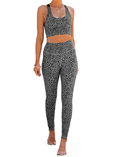 Sidefeel Women Leopard Print Workout Sets High Waist Yoga Leggings with Sports Bra 2 Piece Outfits Large Gray