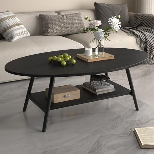 Hawthyhome Round Side Table 2-Tier Coffee Table with Storage Modern Solid Wood Table Metal Frame for Living Room Bedroom Black