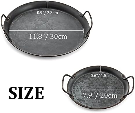 Galvanized Tray Round Serving Tray with Rust Trim and Metal Handles 2-Pack Rustic Food Tray for Breakfast Dinner Drinks Tea Coffee Vintage Decorative Tray for Perfume Jewellery Vanity Home Organiser