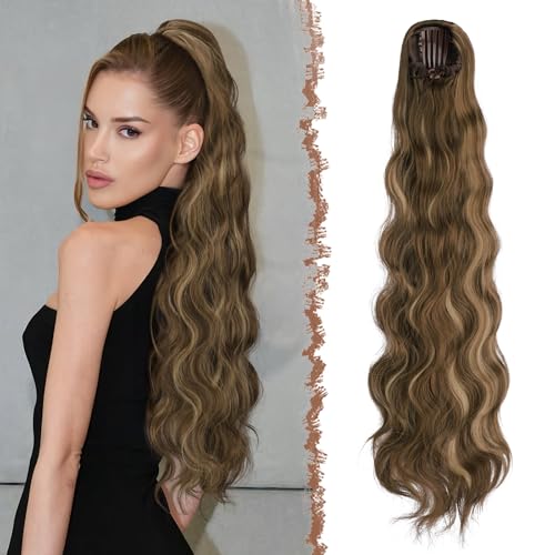 FESHFEN 75 cm Coda Cavallo Extension con Coulisse,Lunga Ricci Ondulati Coda Capelli Extension Sintetici Pettini Clip in Capelli Posticci,Coda di Cavallo Naturale per Donna - Castano Misto Biondo Miele