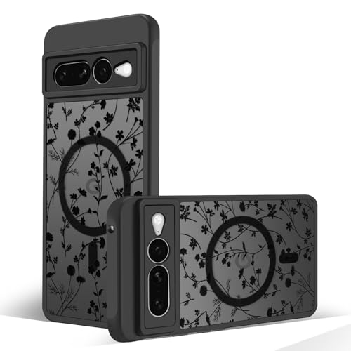 Oxytter Magnetic Case for Google Pixel 7 Pro [Compatible with MagSafe] Cute Black Flower Floral Pattern Case for Women Girls Soft TPU Bumper Hard PC Back Anti-Fall Shockproof Protective Slim Cover A9