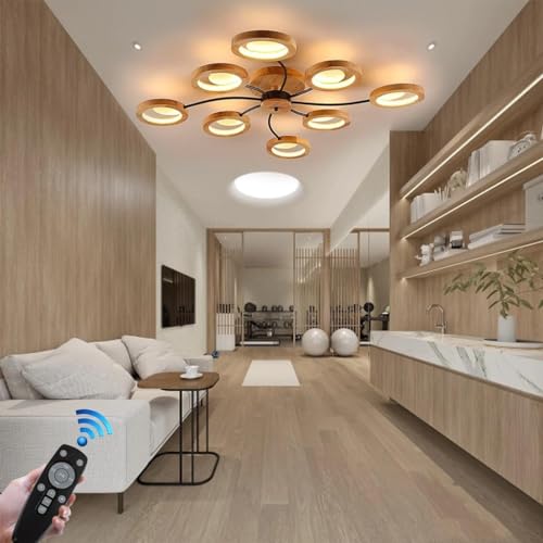 Plafonnier LED en bois à intensité variable avec télécommande pour salon et bureau à 8 têtes