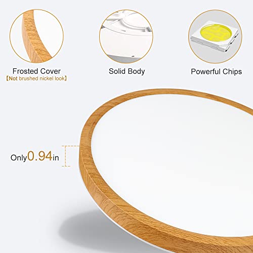 12 Inch Wood Grain Led Ceiling Light Fixture Flush Mount, 5000K Daylight White, 24W Flat Modern Round Closet Lighting Fixtures, 3200Lm Low Profile Circle Ceiling Lamp For Hallway, Bedrooms.etc. #TOP2