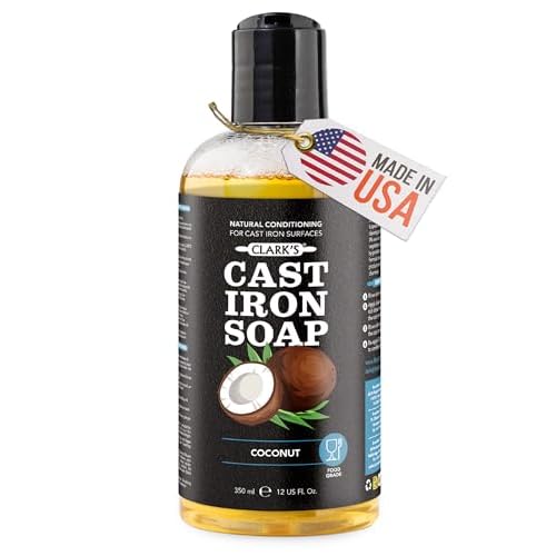 CLARK'S Cast Iron Cleaner 12 oz, Made in USA, Plant Based Coconut Cast Iron Soap for Skillets, Griddles Etc. - Protects, and Restores Cookware