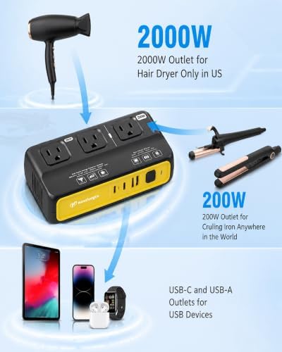 220V ~ 110V 전력 변환기, EU to US, 유럽 여행용 2000W 전압 컨버터, USB-C 2개 및 USB-A 출력 2개, 여행용 전원 변환기, A/B/C/E/F/G/I/L 타입 포함 — 사진 4