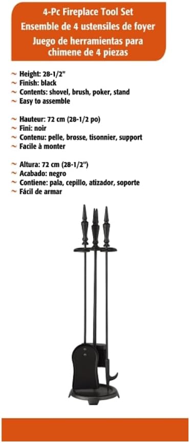 Rocky Mountain Goods 4 Piece Fireplace Tool Set - 29" - Wrought Iron - Black - Includes Shovel, Brush, Poker, and Stand - Heavy Duty - Long - Decorative/Functional