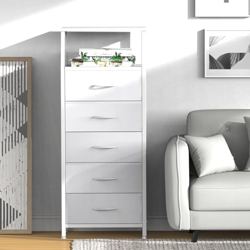 White Dresser for Bedroom, Storage Organizer with 5 Drawers, Vertical Fabric Storage Tower, Clothes Closet Units for Kids Room, Entryway, Nightstand Bedside Table, Sturdy Steel Frame & Wooden Top - Thumbnail 4