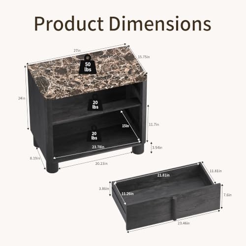 Image of 27 inch Wide Nightstand with Drawer and Open Shelf, Faux Marble & Wood Bedside Table, Modern Curved Side Table with Rounded Body and Cylindrical Legs, Large End Table for Bedroom,Black Grey