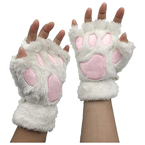 Fingerless Gloves for Women Cat's Claw Gloves Plush Half-Finger Bear's Paw Fingerless Gloves Cute Thick Fleece Halter Gloves Cartoon Warm Gloves Christmas Xmas Gifts White Cover