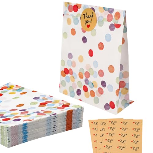 JIUBULUJIU 60 Stück Geschenktüten Kindergeburtstag, Geschenktüten mit 63 Aufkleber, Bunte Tüten Kindergeburtstag, Papiertüten Klein für Geburtstag, Hochzeit, Giveaways, Party