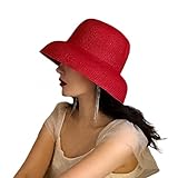 BSYLOO Wide-Brim Classic Elegant Style Foldable Straw Hat Women's Retro UV Resistant Sun Hats for Outdoor, Beach and Travel(02 Red Small)