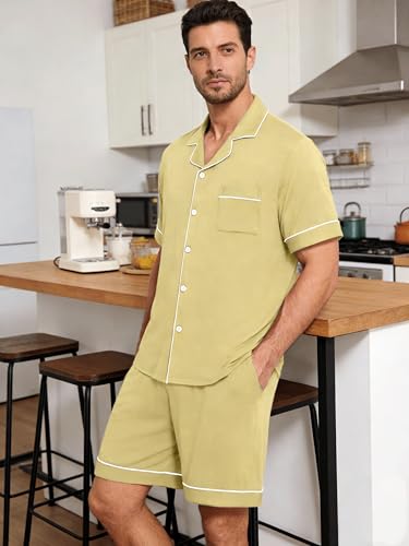 Image of Mens Pajamas Set Short Sleeve Sleepwear Button Down Loungewear Set Soft Modal 2Pcs Pj Set with Pockets S-3XL