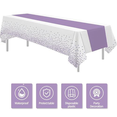 Image of White and Purple Party Decorations Tablecloth, 3 Pack Disposable Purple Dot Table Cover Printed Table Runner for Birthday Baby Bridal Shower Wedding Anniversary Graduation, 86in x 55in