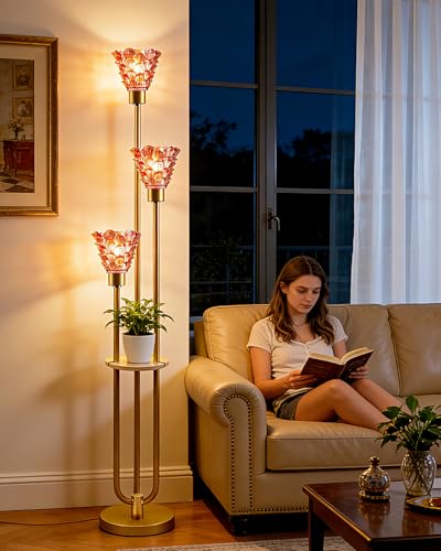 Image of 3-Light Modern Glass Floor Lamp with Shelf, Gold Tall Standing Lamp with Deep Red Flower Glass Shade, LED Floor Lamp with Foot Switch& 5Lbs Heavy Base for Living Room Bedroom, Bulb Included