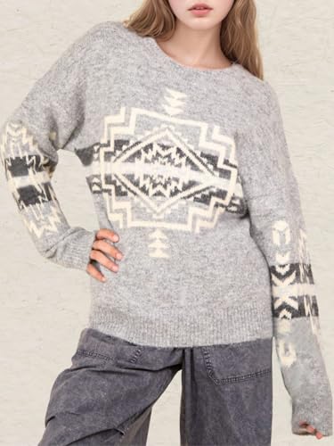 Image of Womens Loose Fit Argyle Graphic Aztec Western Sweater Long Sleeve Crewneck Pullover Tops