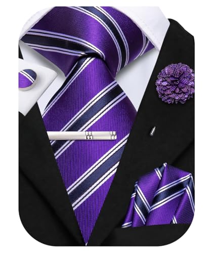 Image of Hi-Tie Navy Purple Ties for Men Striped Woven Neckties and Pocket Square Lapel Pin Silver Tie Clip Cufflinks Set Wedding Business 6PCS