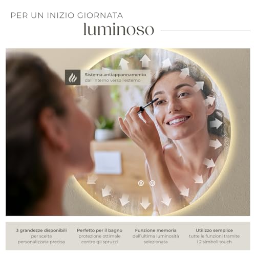 Tectake® Specchio Bagno A Led Clara, Specchio Da Parete Retroilluminato, Specchiera Bagno Con Luce, Antiappannamento, Design Moderno, Led Bagno, Smart Led Mirror - Rotondo - 70 X 70 Cm - 3