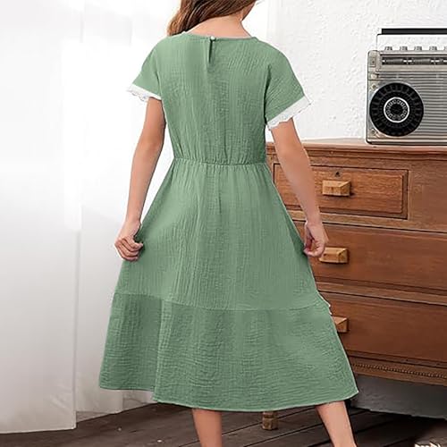 Girls Lace Trim Short Sleeve Dresses Casual Crew Neck Pleated A-Line Tiered Ruffle Hem Semi Formal Midi Dress 4-14 Years4