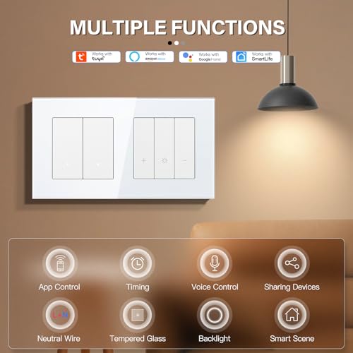 BSEED WIFI 2 Fach 1 Weg Lichtschalter mit Smart Dimmer Compatibel mit Google Home und Alexa Neutrale Leitung Benötigt, Weiß
