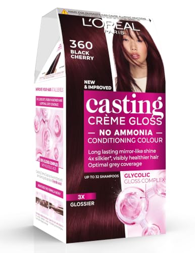 Casting Crème Gloss 360 Black Cherry: This no-ammonia semi-permanent hair colour lasts 32 washes. Enjoy up to 3x glossier 4x silkier visibly healthier hair with a luscious black cherry shade.