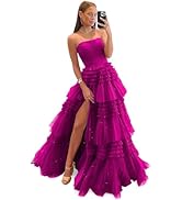 Glitter Tulle Tiered Prom Dresses for Teens 2024 Strapless Ball Gowns with Slit Ruffle A-Line For...