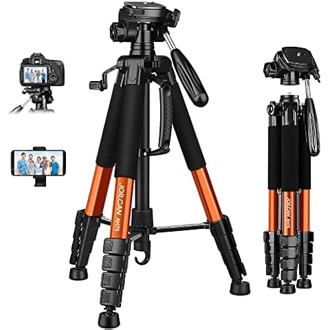JOILCAN Kamera Stativ, 187cm Aluminium Leichte Dreibeinstativ für Canon Nikon DSLR mit Abnehmbar 3-Wege-Kopf, Tragbares Smartphone Stativ Fotostativ Tragfähigkeit 5KG mit Telefonhalter (Orange) Cover