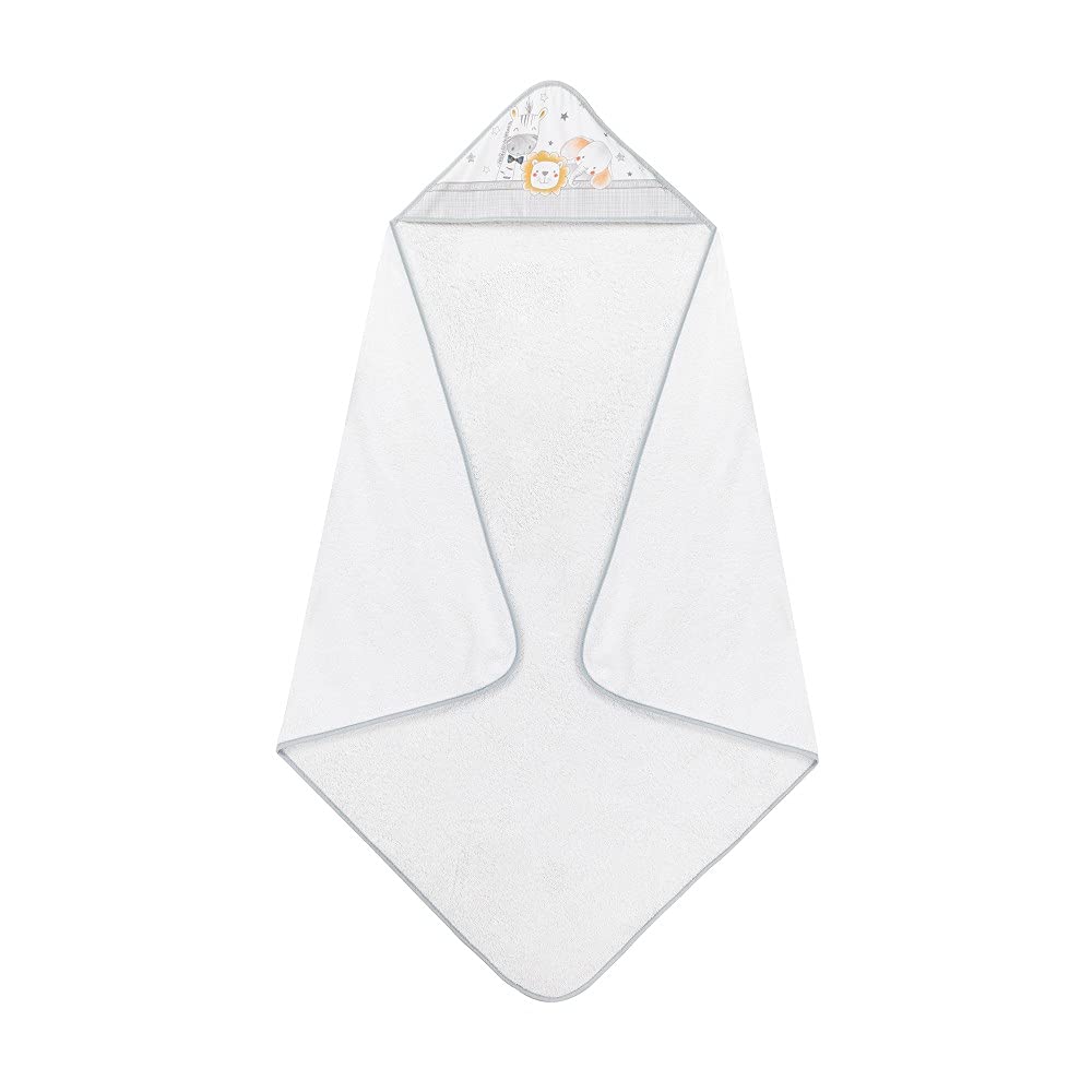 Interbaby - Capa de Baño Bebe Blanco/Gris | Toalla Bebe con Capucha 100% Algodón, 100x100cm, Unisex | Suave, Cómoda, Secado Rápido | Ideal Recién Nacidos, Bebes y Niños Pequeños | Diseño Animalitos