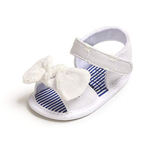 Meckior Summer Infant Baby Girls Sandals Striped Bowknot Soft Rubber Sole First Walker Shoes (I/whlte, 0_Months)