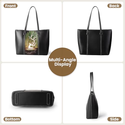 ZHIYONG Soft Leather Tote Bag for Women with Leather Handles, Elegant Two-Way Handbag & Shoulder Bag, Spacious for Work, Travel, Shopping, and Casual Outings, Black with White Deer Design — view 3
