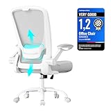 SONGMICS Office Mesh Chair, Ergonomic Swivel Chair, Lumbar and Head Support, Wide Seat, Foldable Armrests, Tilt Function, for Office Bedroom, Dove Grey OBN037G03