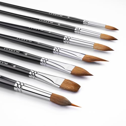 Watercolour Brushes Set, Fuumuui 7PCS Professional Kolinsky Sable Paint Brush with Patented Extended Points Design, Round, Flat, Oval, Mop for Fine Detail, Gouache, Ink, Watercolour Painting