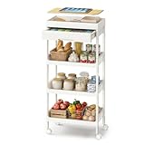 SONGMICS Chariot de Rangement, 4 Niveaux, Desserte sur roulettes, Étagère, avec Plateau Amovible et Tiroir, en Plastique, Montage Facile, Cuisine, Blanc et Doré Chêne BSC070W101
