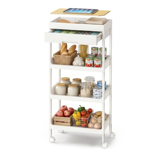 Image of SONGMICS 4-Tier Storage Trolley, Rolling Trolley on Wheels, Serving Utility Cart with Removable Tray, Drawer, and Plastic Shelves, Easy Assembly, for Kitchen, White and Golden Oak BSC070W101